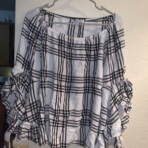 Fever Black & White Plaid Off-Shoulder Ruffle Blouse
